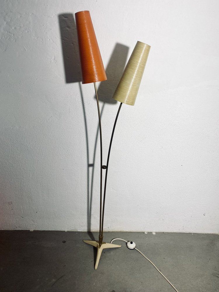 Mid-Century Floor Lamp in Brass with Fiberglass Shades attributed to Cosack, 1950s