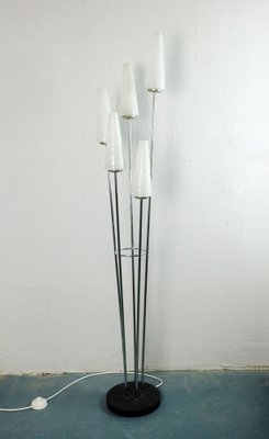 Mid-Century Floor Lamp with Chrome Base & 5 White Glass Shades-FH-1700611