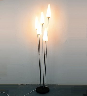 Mid-Century Floor Lamp with Chrome Base & 5 White Glass Shades-FH-1700611