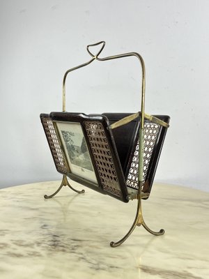 Mid-Century Folding Magazine Rack in Brass, Wood and Vienna Straw, 1940s-YST-2034830