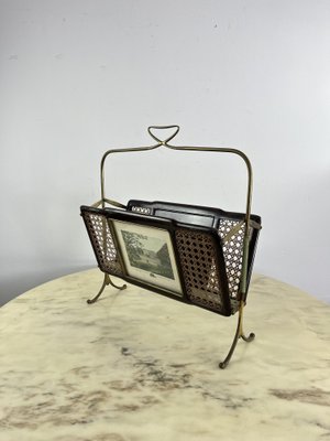 Mid-Century Folding Magazine Rack in Brass, Wood and Vienna Straw, 1940s-YST-2034830