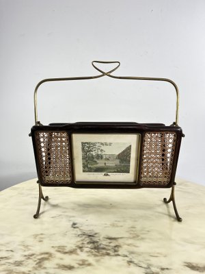 Mid-Century Folding Magazine Rack in Brass, Wood and Vienna Straw, 1940s-YST-2034830