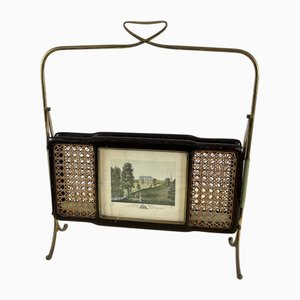 Mid-Century Folding Magazine Rack in Brass, Wood and Vienna Straw, 1940s-YST-2034830