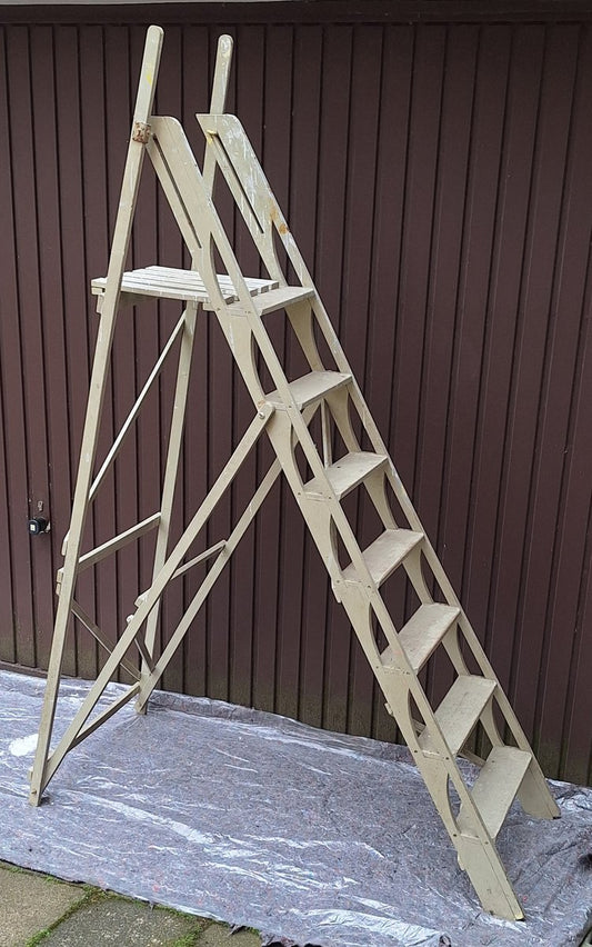 Mid-Century Folding Platform Ladder in Gray Lacquered Beech Wood, 1960s