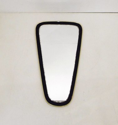 Mid-Century Free-Form Wall Mirror with Quilted Black Imitation Leather Frame & Gold Metal, 1950s-RNR-2034711