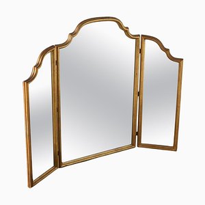 Mid-Century Freestanding Trifold Vanity Mirror in Patinated Gold Painted Wood, 1940s-FEW-2024258