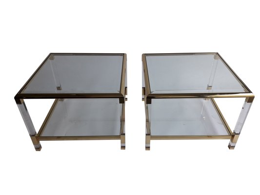 Mid-Century French Acrylic Glass and Brass Side Tables, 1970s, Set of 2-WBX-567546