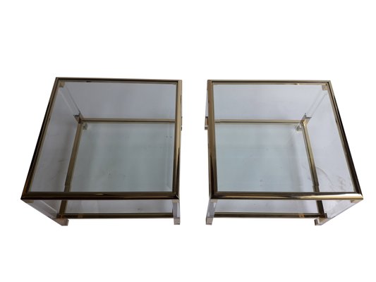 Mid-Century French Acrylic Glass and Brass Side Tables, 1970s, Set of 2-WBX-567546