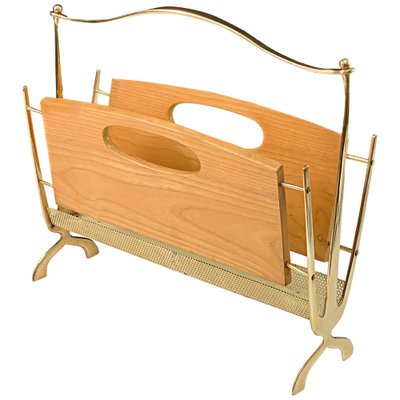 Mid-Century French Brass and Chestnut Wood Magazine Rack by Maison Baguès, 1950s-JDR-1126170