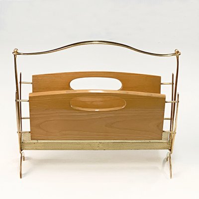 Mid-Century French Brass and Chestnut Wood Magazine Rack by Maison Baguès, 1950s-JDR-1126170