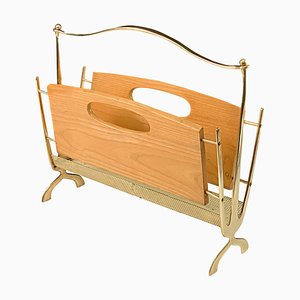 Mid-Century French Brass and Chestnut Wood Magazine Rack by Maison Baguès, 1950s-JDR-1126170