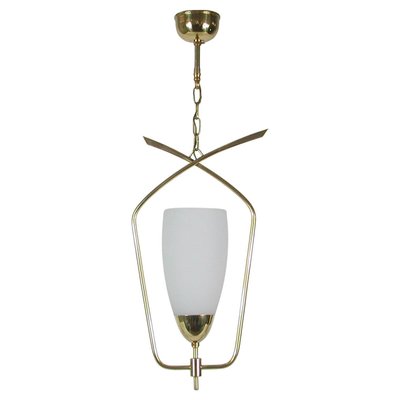 Mid-Century French Brass & Opaline Glass Pendant from Arlus, 1950s-OE-1101265