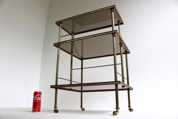 Mid-Century French Brass & Smoked Glass Three Tiered Drinks Trolley, 1970s-OKN-2042974