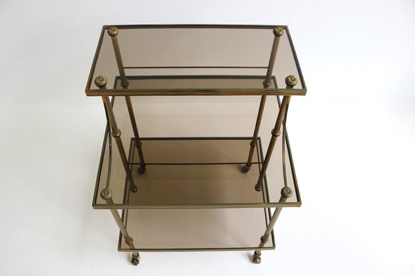 Mid-Century French Brass & Smoked Glass Three Tiered Drinks Trolley, 1970s-OKN-2042974