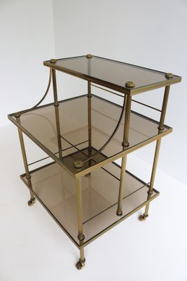 Mid-Century French Brass & Smoked Glass Three Tiered Drinks Trolley, 1970s-OKN-2042974