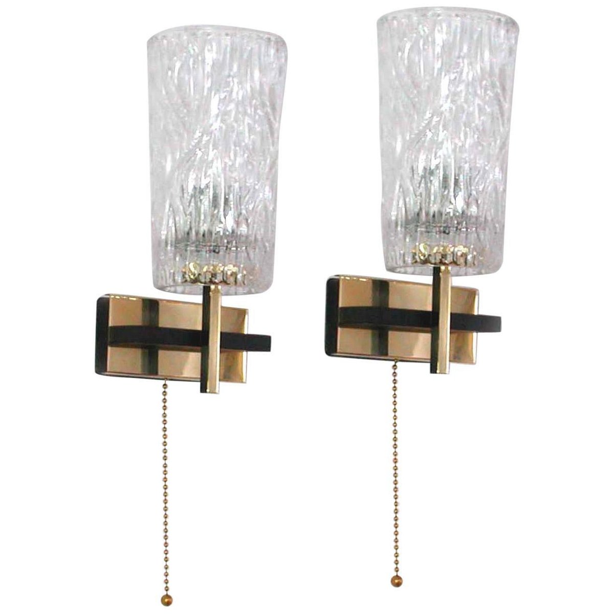 Mid-Century French Brass & Textured Glass Sconces from Maison Arlus, 1950s, Set of 2