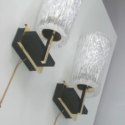 Mid-Century French Brass & Textured Glass Sconces from Maison Arlus, 1950s, Set of 2