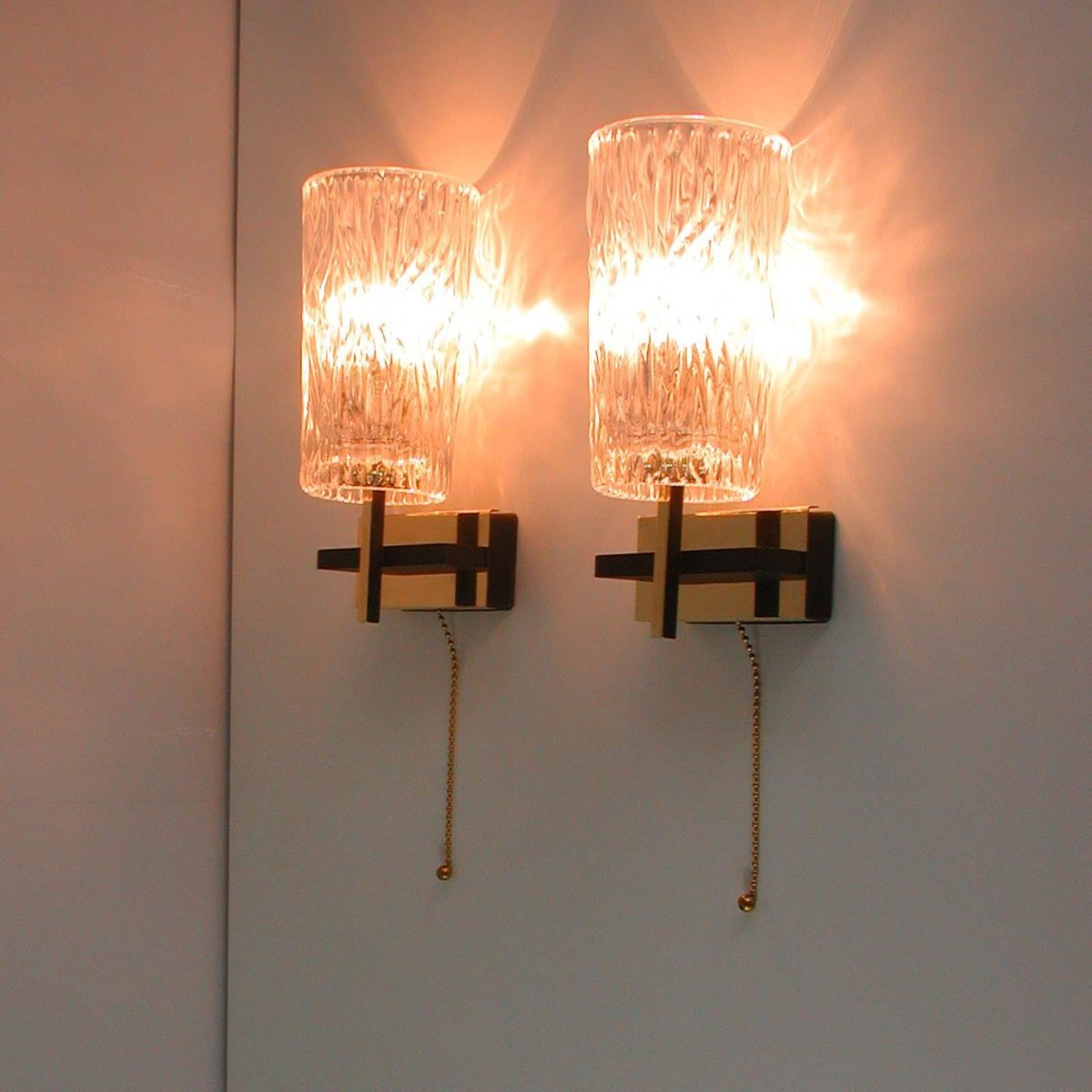 Mid-Century French Brass & Textured Glass Sconces from Maison Arlus, 1950s, Set of 2