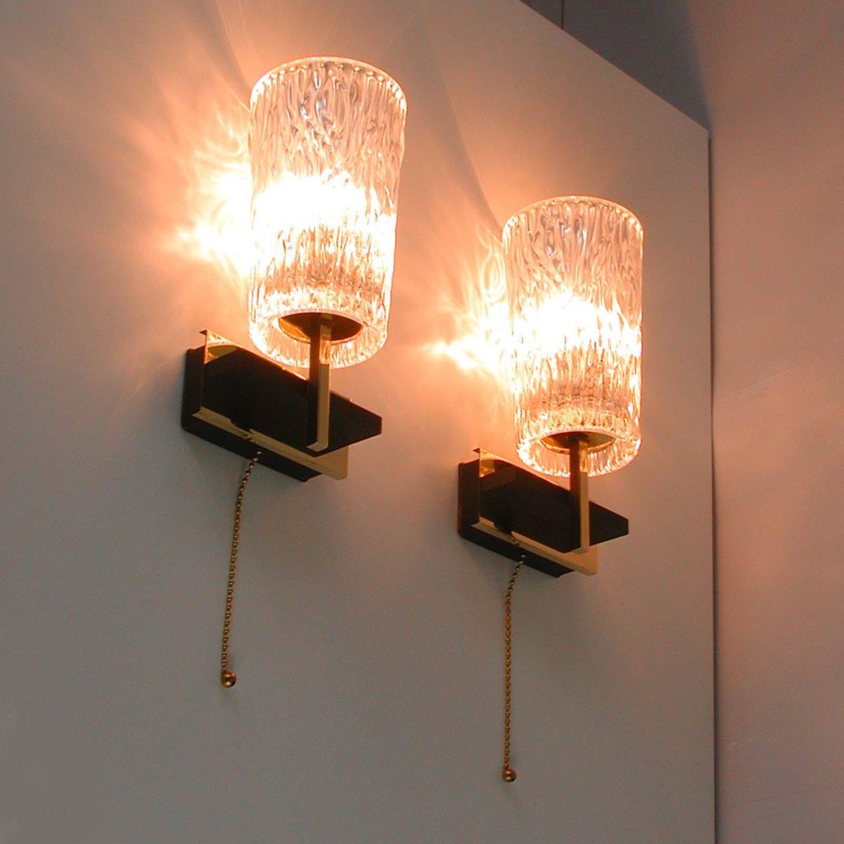 Mid-Century French Brass & Textured Glass Sconces from Maison Arlus, 1950s, Set of 2