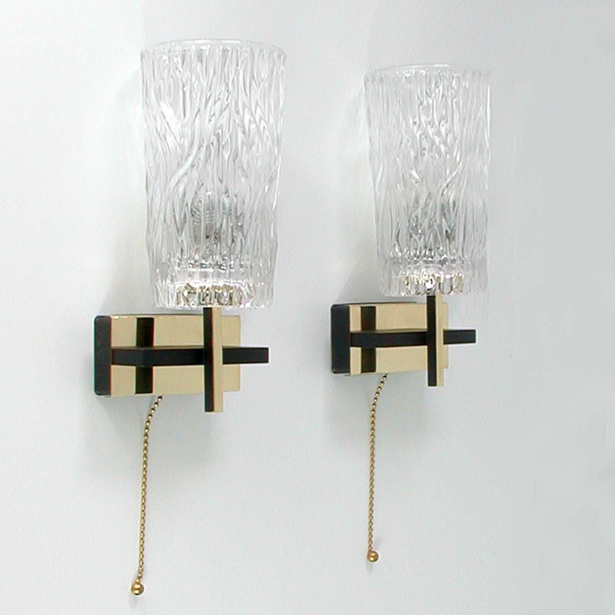 Mid-Century French Brass & Textured Glass Sconces from Maison Arlus, 1950s, Set of 2