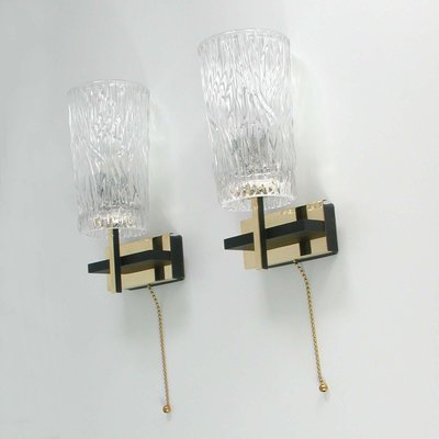 Mid-Century French Brass & Textured Glass Sconces from Maison Arlus, 1950s, Set of 2-OE-897927