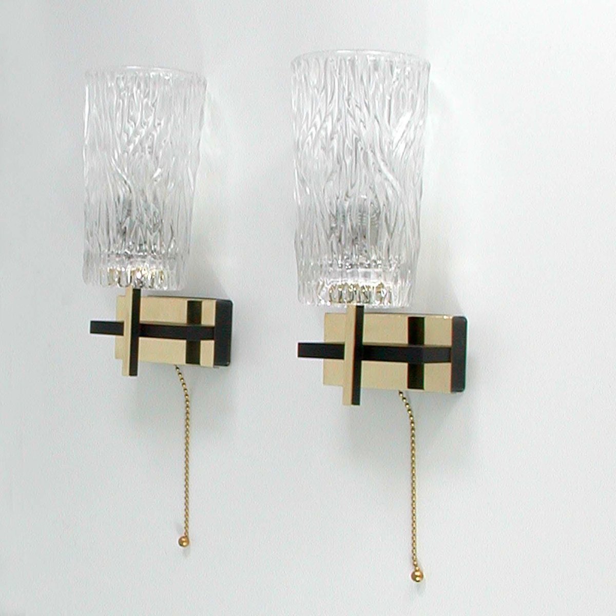 Mid-Century French Brass & Textured Glass Sconces from Maison Arlus, 1950s, Set of 2