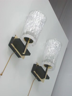 Mid-Century French Brass & Textured Glass Sconces from Maison Arlus, 1950s, Set of 2-OE-897927