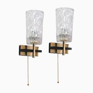 Mid-Century French Brass & Textured Glass Sconces from Maison Arlus, 1950s, Set of 2-OE-897927