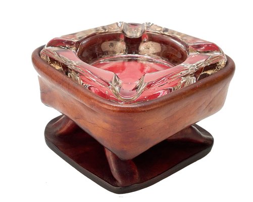 Mid-Century French Brown Leather and Glass Ashtray by Jacques Adnet, 1950s-JDR-1125435