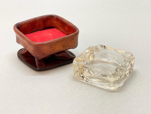 Mid-Century French Brown Leather and Glass Ashtray by Jacques Adnet, 1950s-JDR-1125435