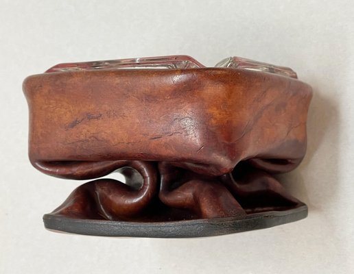 Mid-Century French Brown Leather and Glass Ashtray by Jacques Adnet, 1950s-JDR-1125435