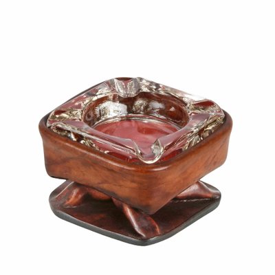 Mid-Century French Brown Leather and Glass Ashtray by Jacques Adnet, 1950s-JDR-1125435