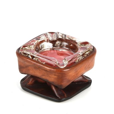 Mid-Century French Brown Leather and Glass Ashtray by Jacques Adnet, 1950s-JDR-1125435