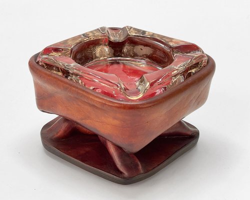 Mid-Century French Brown Leather and Glass Ashtray by Jacques Adnet, 1950s-JDR-1125435