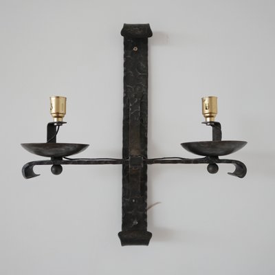 Mid-Century French Brutalist Iron Double Arm Wall Light-JRP-997820