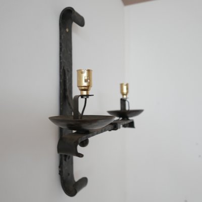 Mid-Century French Brutalist Iron Double Arm Wall Light-JRP-997820