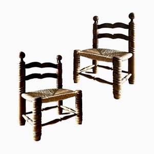 Mid-Century French Brutalist Oak & Rush Rope Chairs by Charles Dudouyt, Set of 2-TCS-1812815