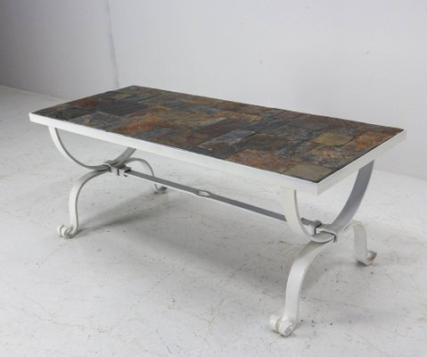 Mid-Century French Coffee Table in Wrought Iron with Slate Top, 1960s-RIU-1453153