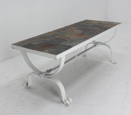 Mid-Century French Coffee Table in Wrought Iron with Slate Top, 1960s-RIU-1453153