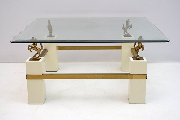 Mid-Century French Coffee Table with Brass Horses from Maison Charles, 1970s-FER-1140647