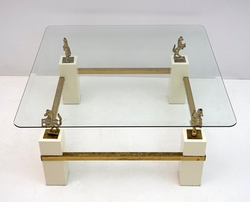 Mid-Century French Coffee Table with Brass Horses from Maison Charles, 1970s-FER-1140647