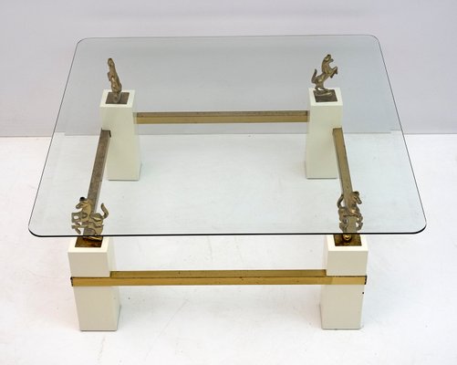 Mid-Century French Coffee Table with Brass Horses from Maison Charles, 1970s-FER-1140647