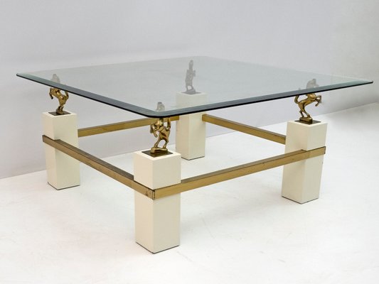 Mid-Century French Coffee Table with Brass Horses from Maison Charles, 1970s-FER-1140647