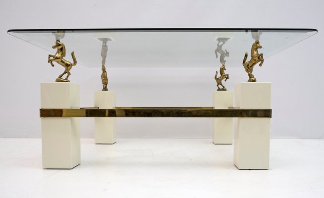 Mid-Century French Coffee Table with Brass Horses from Maison Charles, 1970s-FER-1140647