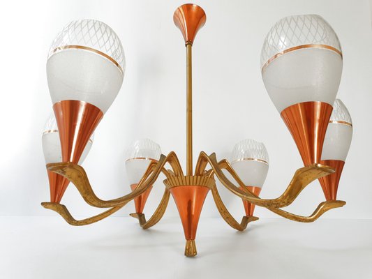 Mid-Century French Copper, Brass and Glass Chandelier, 1950s-CGX-564464