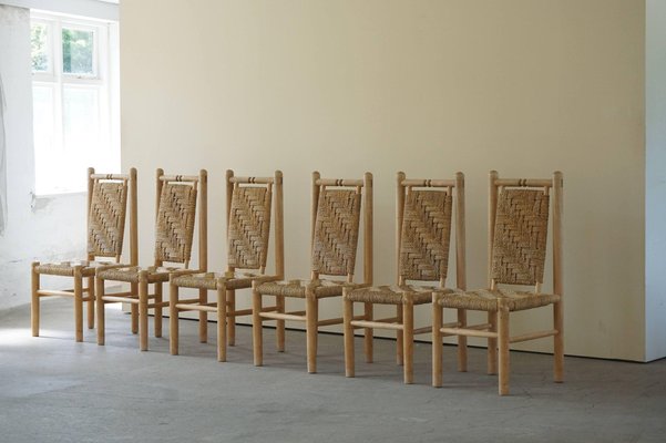 Mid-Century French Elm Naturalist Woven Highback Chairs by Charlotte Perriand, 1960s, Set of 6-MXF-1452512