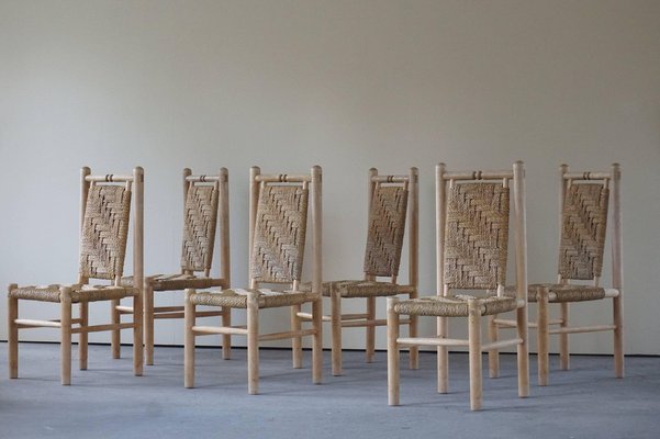 Mid-Century French Elm Naturalist Woven Highback Chairs by Charlotte Perriand, 1960s, Set of 6-MXF-1452512