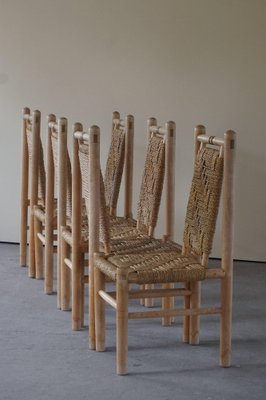 Mid-Century French Elm Naturalist Woven Highback Chairs by Charlotte Perriand, 1960s, Set of 6-MXF-1452512