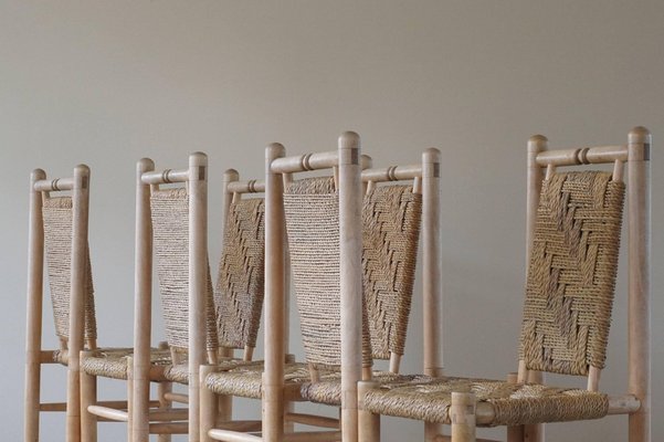 Mid-Century French Elm Naturalist Woven Highback Chairs by Charlotte Perriand, 1960s, Set of 6-MXF-1452512