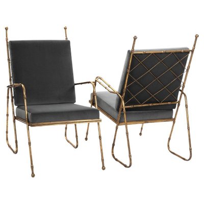 Mid-Century French Gilt Iron and Faux Bamboo Armchairs in Grey Velvet, 1980s, Set of 2-SER-2033093